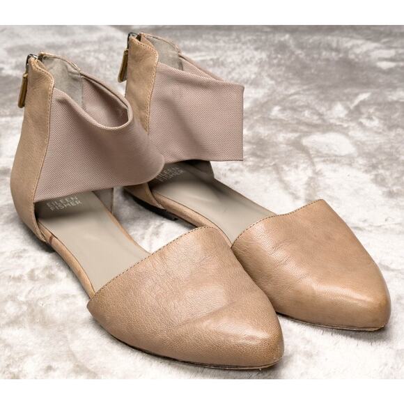 Eileen Fisher Allot Taupe Leather MeshPointed Toe Mesh Strap Flats Women Size 10 - Picture 1 of 15